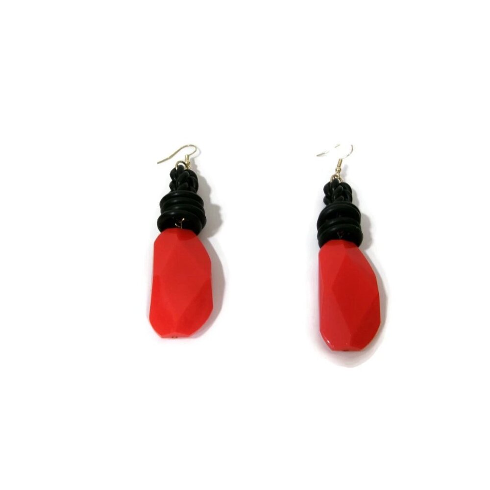 Womens Ear Candy Statement Drop Earrings Large  Redish Orange / Black Unique